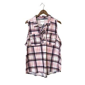 New York Laundry 2X Sleeveless Plaid Shirt With Lace-Up Front & Pockets Pink/Blu